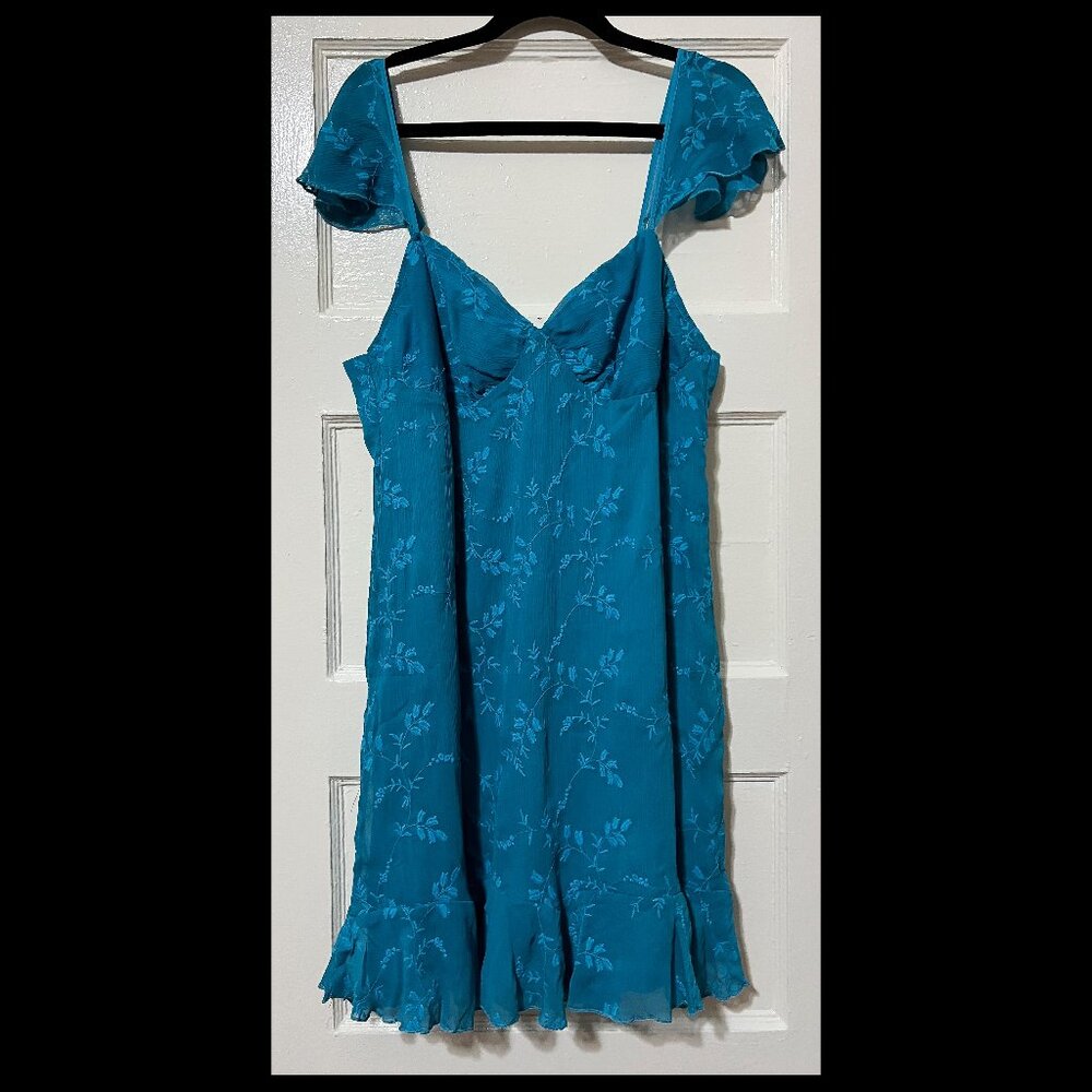 Betsey Johnson Teal Blue Floral Flutter Sleeve Ruffle Sheath Mini Dress XL NWT